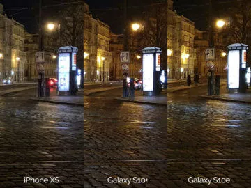 Noční fotografie Samsung Galaxy S10 vs Apple iPhone XS křižovatka detail