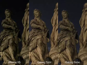 Noční fotografie Samsung Galaxy S10 vs Apple iPhone XS socha detail