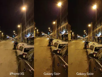 Noční fotografie Samsung Galaxy S10 vs Apple iPhone XS ulice