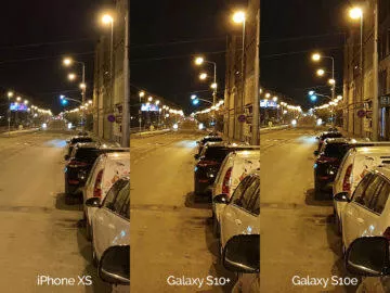 Noční fotografie Samsung Galaxy S10 vs Apple iPhone XS ulice detail