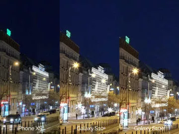 Noční fotografie Samsung Galaxy S10 vs Apple iPhone XS vaclavske namesti detail