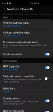 Samsung Galaxy S10 aplikace fotoaparatu nastaveni videa