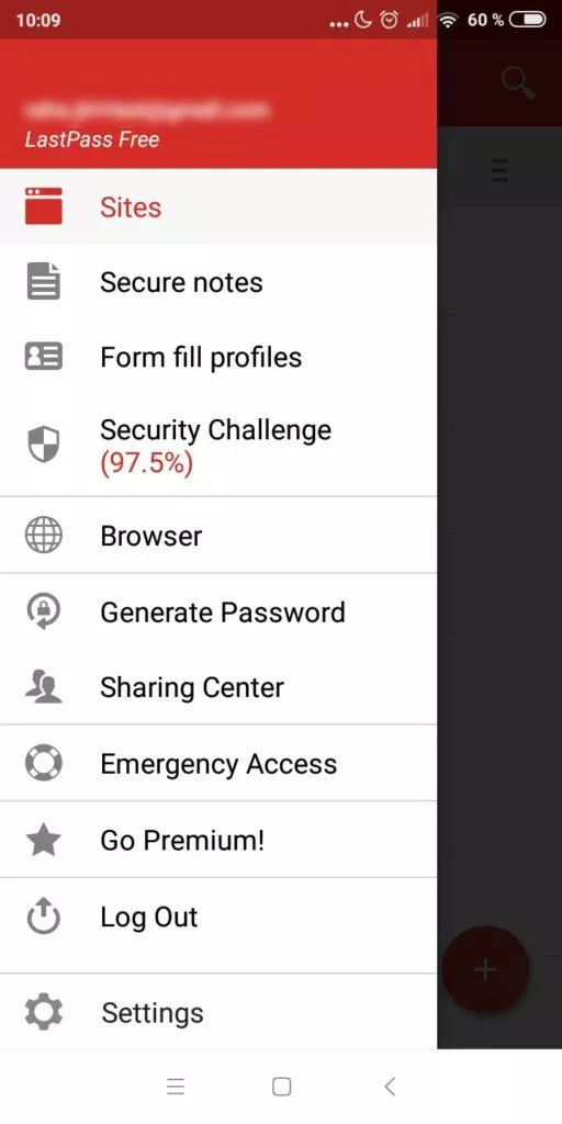 Správce hesel Lastpass app - menu