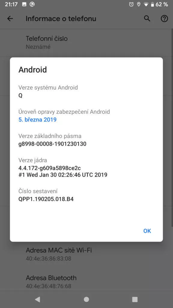Android Q informace system