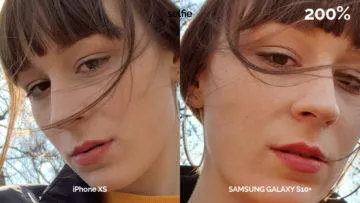 Detail fotografie ze selfie kamery S10 Plus a iPhone XS