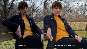 Foto srování S10 Plus vs iPhone XS - detail ženy a obličej