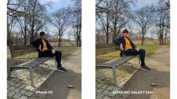 Fotografie Samsung Galaxy S10 plus vs iPhone XS - žena na lavičce