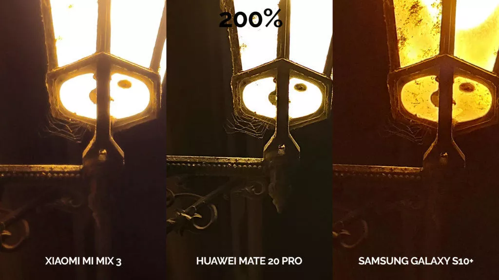 fototest galaxy s10 vs mi mix 3 vs mate 20 pro noční fotografie lampa v praze detail