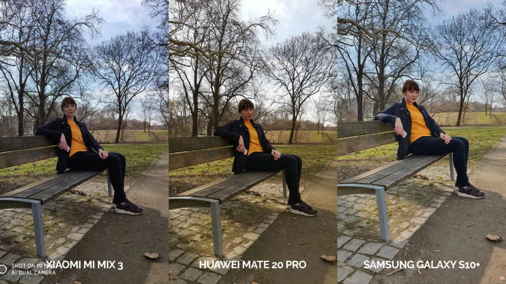 fototest galaxy s10 vs mi mix 3 vs mate 20 pro žena lavička