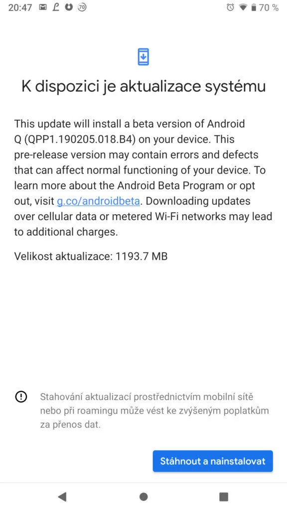 k dispozici je aktualizace systemu na android q