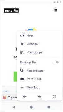 Mozilla Firefox Fenix menu
