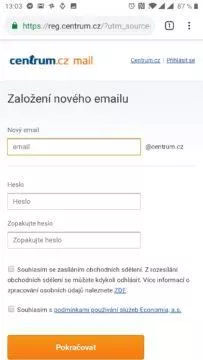 Registrace nové e-mailové schránky