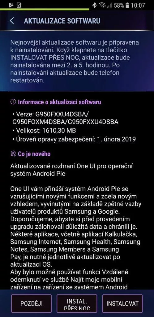 Samsung Galaxy S8 aktualizace Android 9 pie samsung one ui