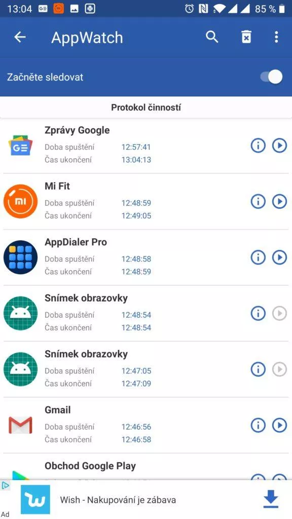 Zobrazí poslední spuštěné aplikace, včetně těch na pozadí
