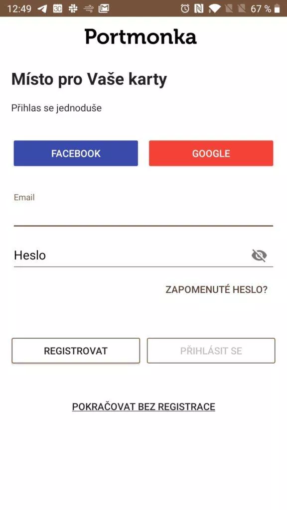 Registrace do Portmonky