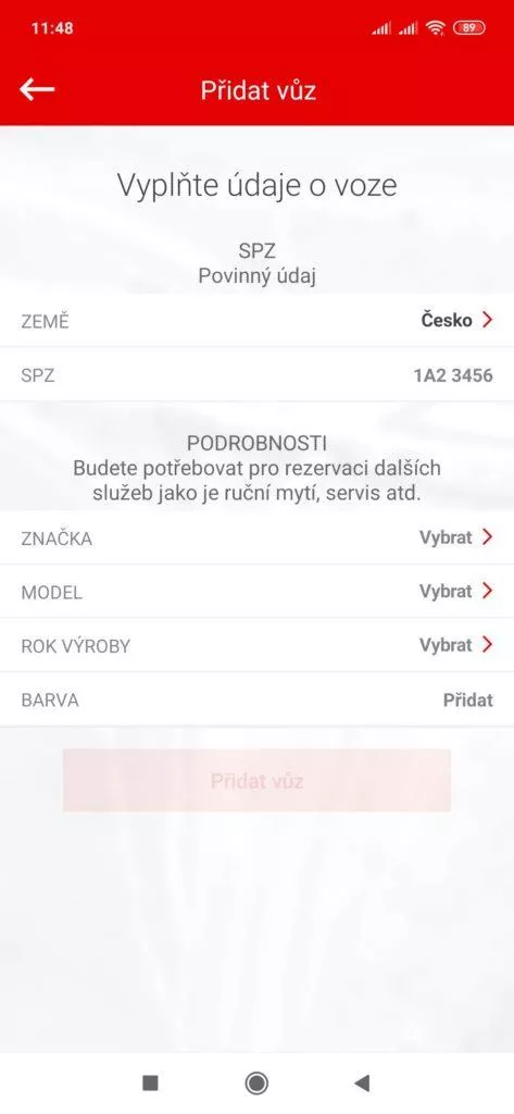 Údaje o vozidle