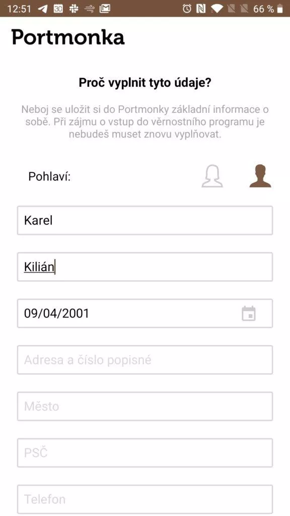 Vyplnění osobních údajů