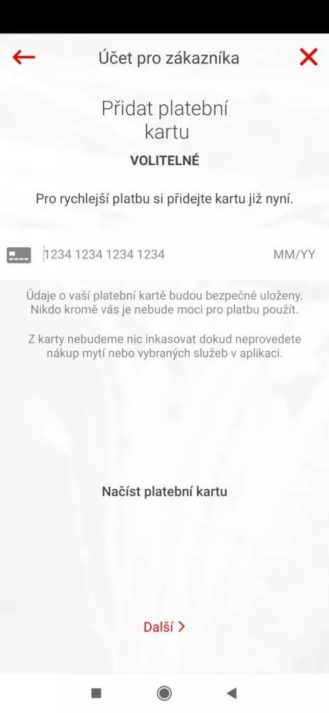 Výzva k přidání karty
