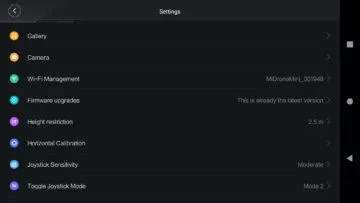 XiaomiMiDroneMini aplikace menu nastaveni