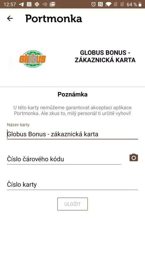 Zadání údajů z karty