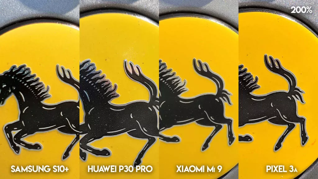 Fototest S10 vs P30 Pro vs Mi 9 vs Pixel 3A ferrari detail