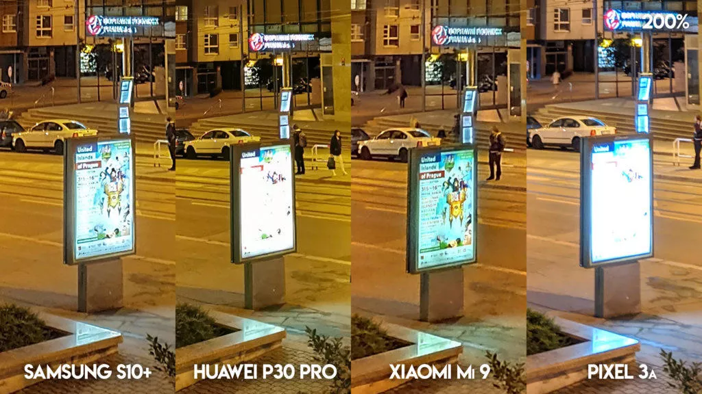 Fototest S10 vs P30 Pro vs Mi 9 vs Pixel 3A noční ulice detail