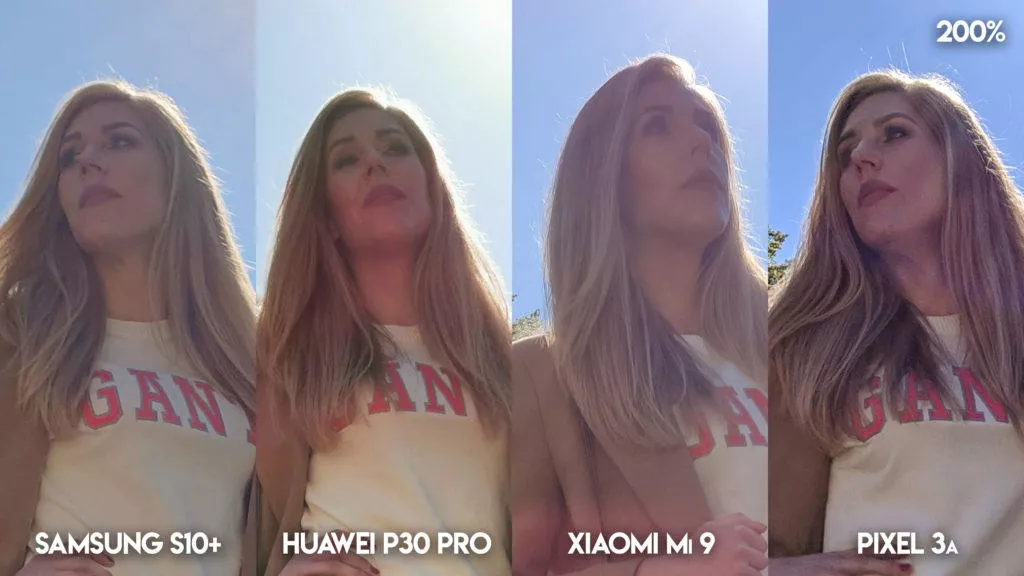 Fototest S10 vs P30 Pro vs Mi 9 vs Pixel 3A protisvětlo modelka detail
