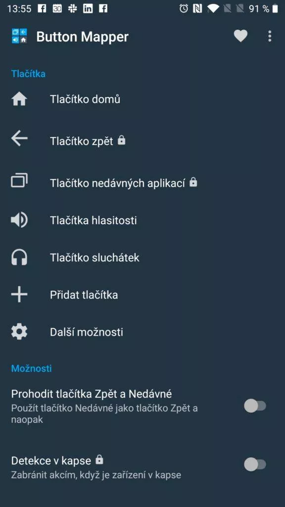 Obrazovka Button Mapper