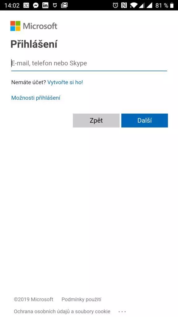 Přihlášení účtem Microsoft