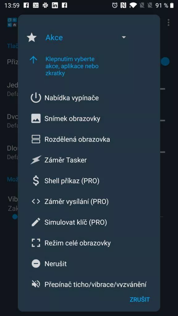 Seznam možných akcí