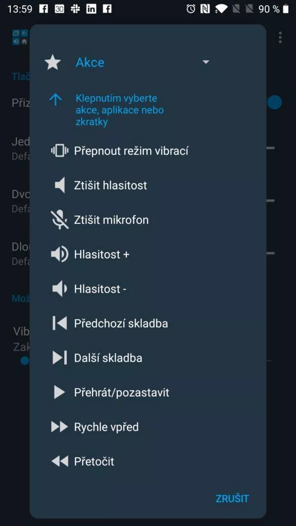 Seznam možných akcí
