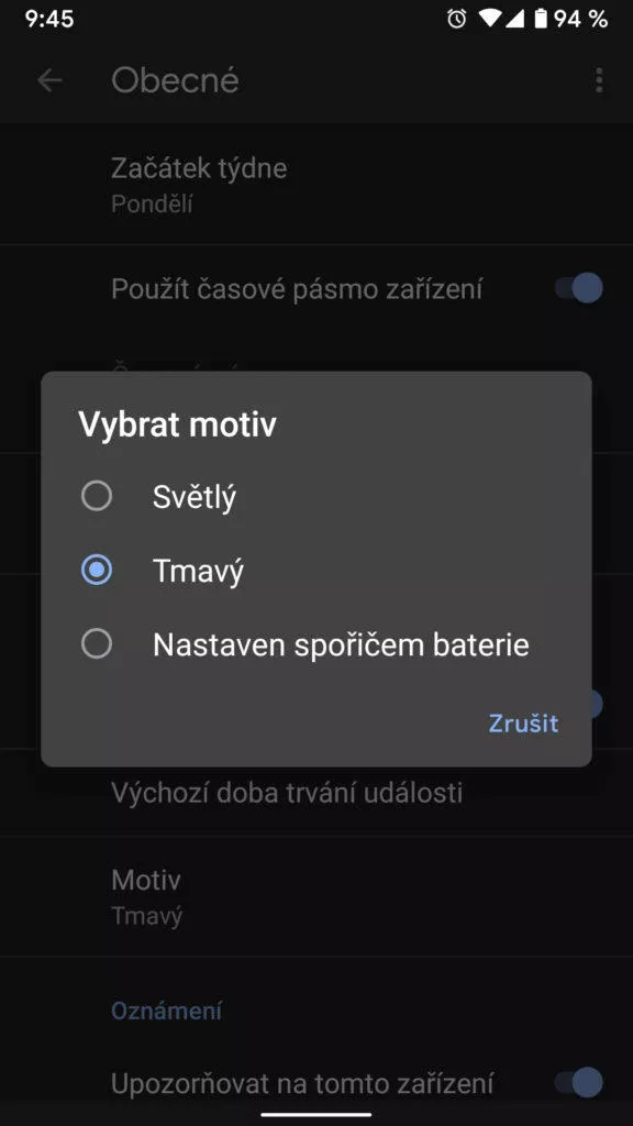 Tmavý režim Google Kalendář nastavení