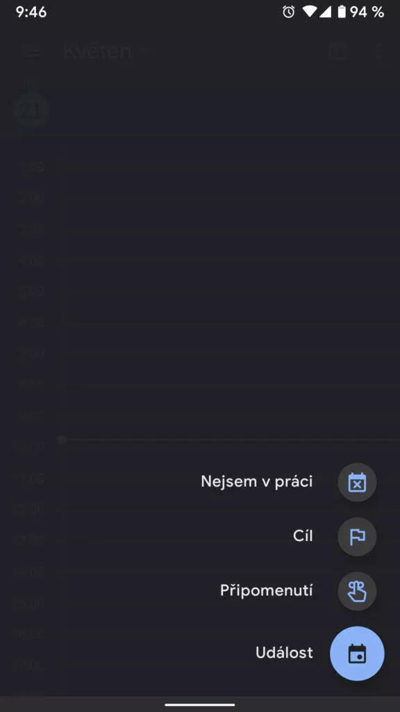Tmavý režim Google Kalendář tvorba nové události