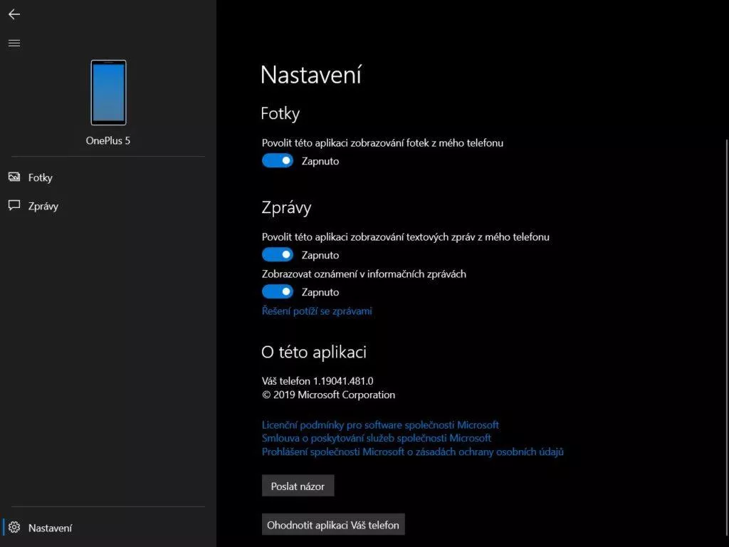Váš telefon - sekce Nastavení