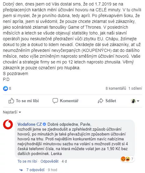 vodafone stiznost zakazniku volani