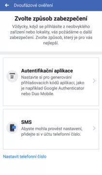 aplikace facebook dvoufázové ověření účtu