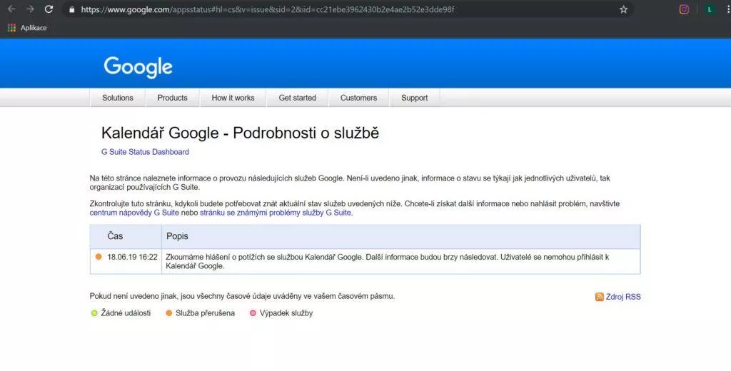 Google hlášení - výpadek kalendáře