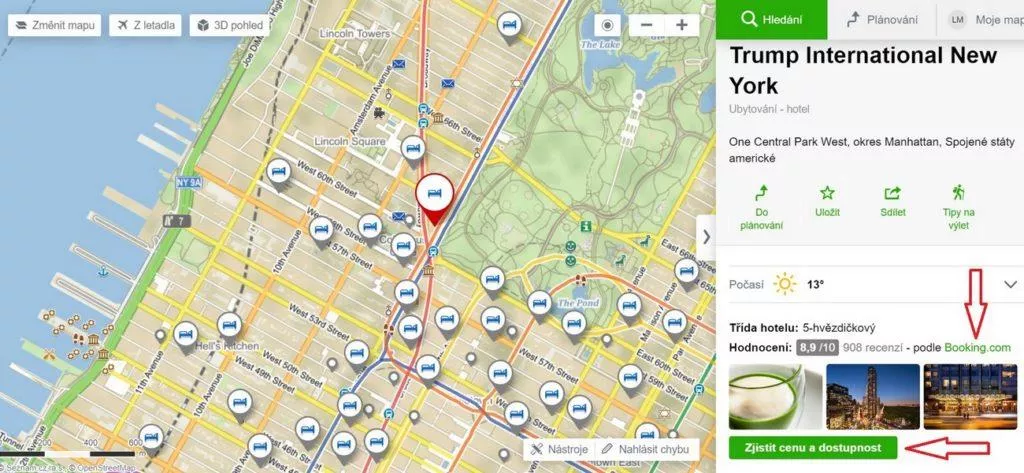 Mapy.cz - rezervace hotelu přes Booking v New Yorku