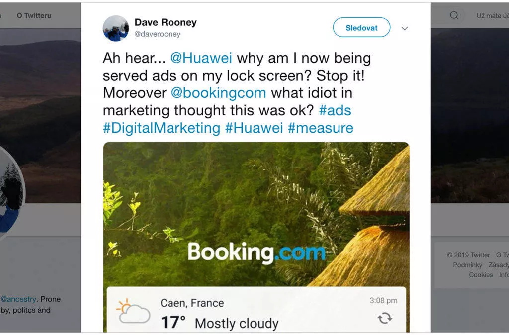 Uživatel stěžující si na reklamu na Twitteru - Huawei a Honor