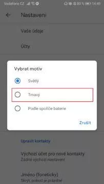 Dark mode - kontakty Google - zapnout tmavý režim