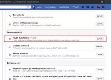 Facebook - dvoufázové ověřování hesla