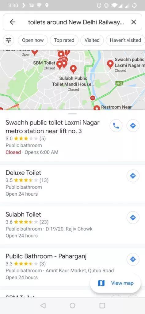 Vyhledání veřejných toalet na Google Mapy