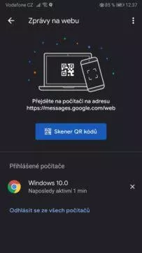 Google zprávy - SMS - skenování QR kódu