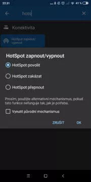 hotspot v autě - zapnout nastavení