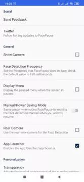Nastavení aplikace Face Pause