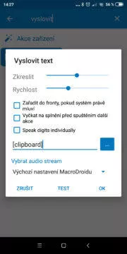 Přečíst clipboard - Akce Vyslovit text - nastavení 02