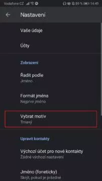 Tmavý režim - Google kontakty