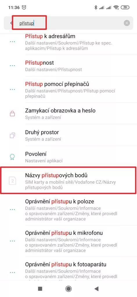 Vyhledávání v nastavení