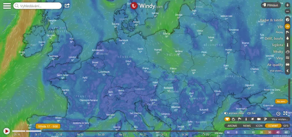Windy hodinová předpověď