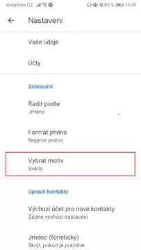 Zapnout temný režim - Google kontakty